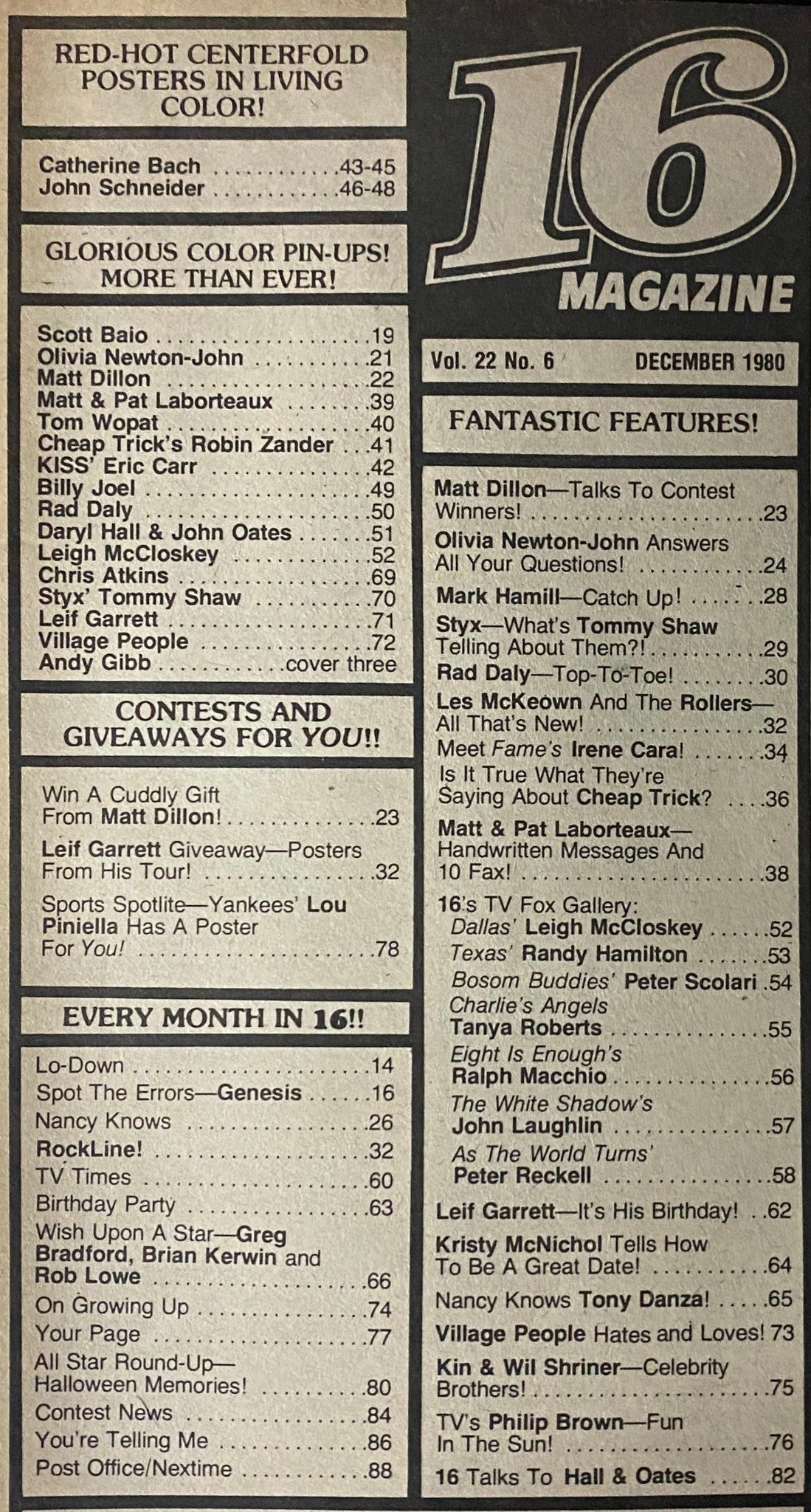 Table of contents from the December 1980 issue of 16 Magazine showcasing celebrity interviews and pin-ups, highlighting Scott Baio, Olivia Newton-John, and more.