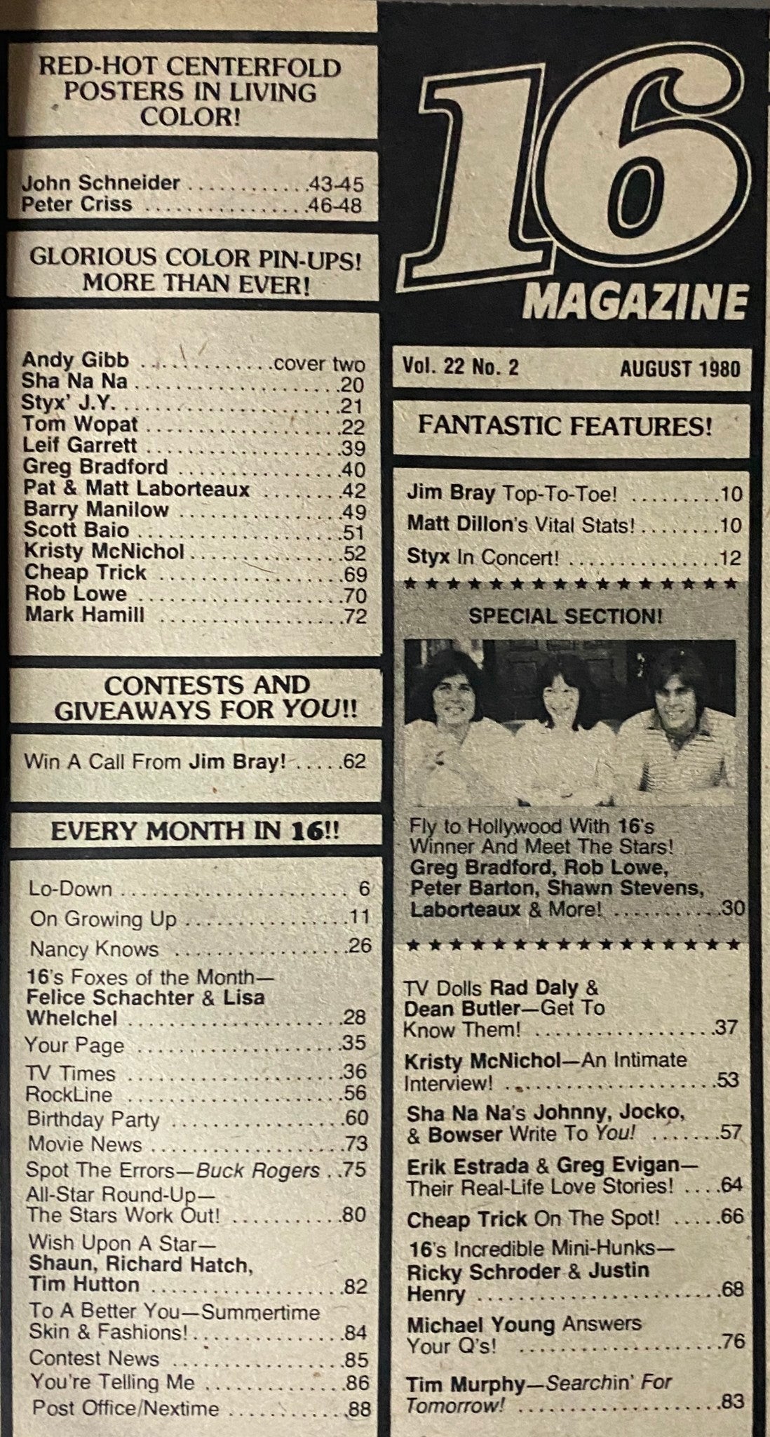 Table of contents from 16 Magazine August 1980 listing features on John Schneider, Peter Criss, and various celebrity interviews and pin-ups.