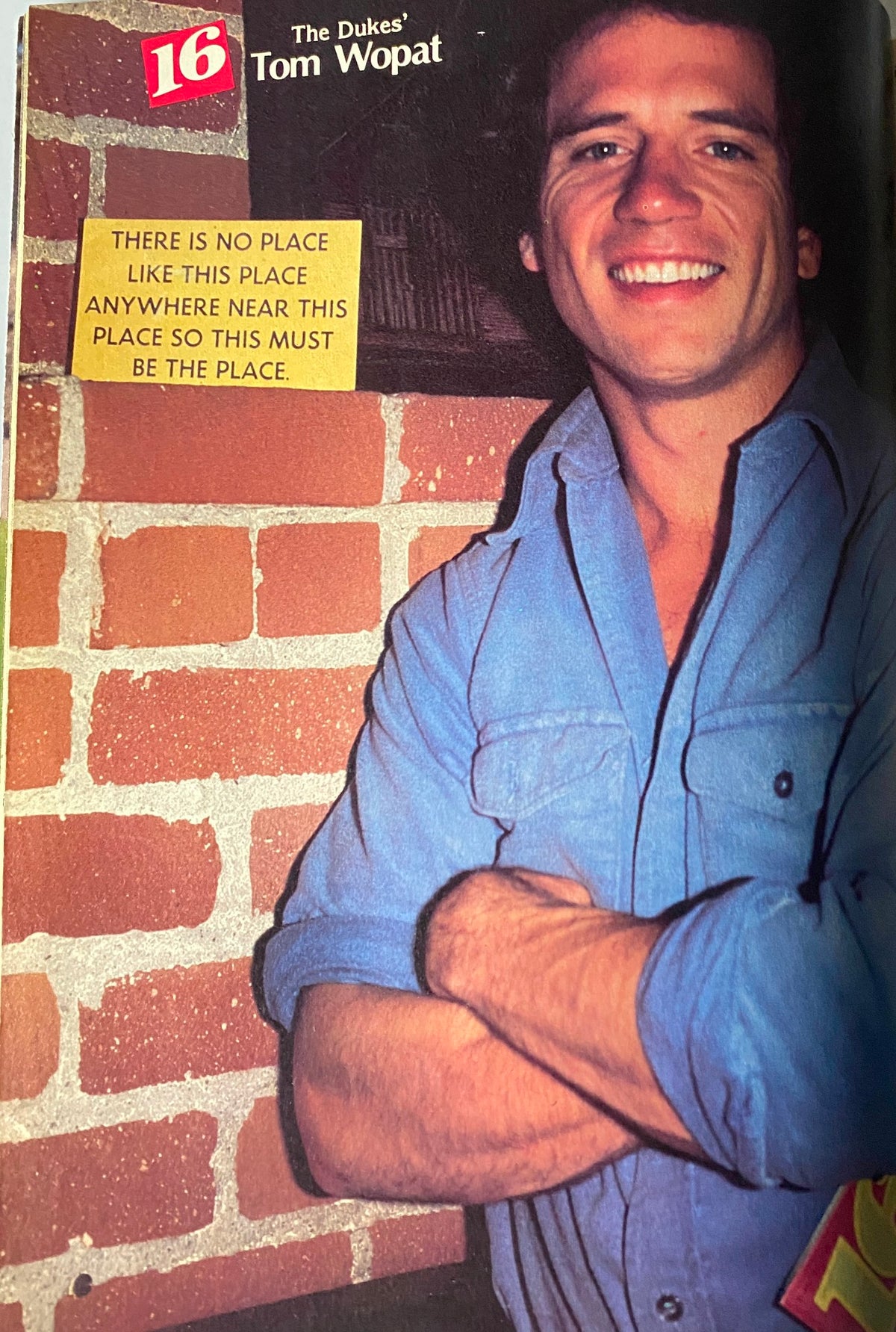Image of Tom Wopat from 16 Magazine August 1980 with a caption about his role in The Dukes of Hazzard.