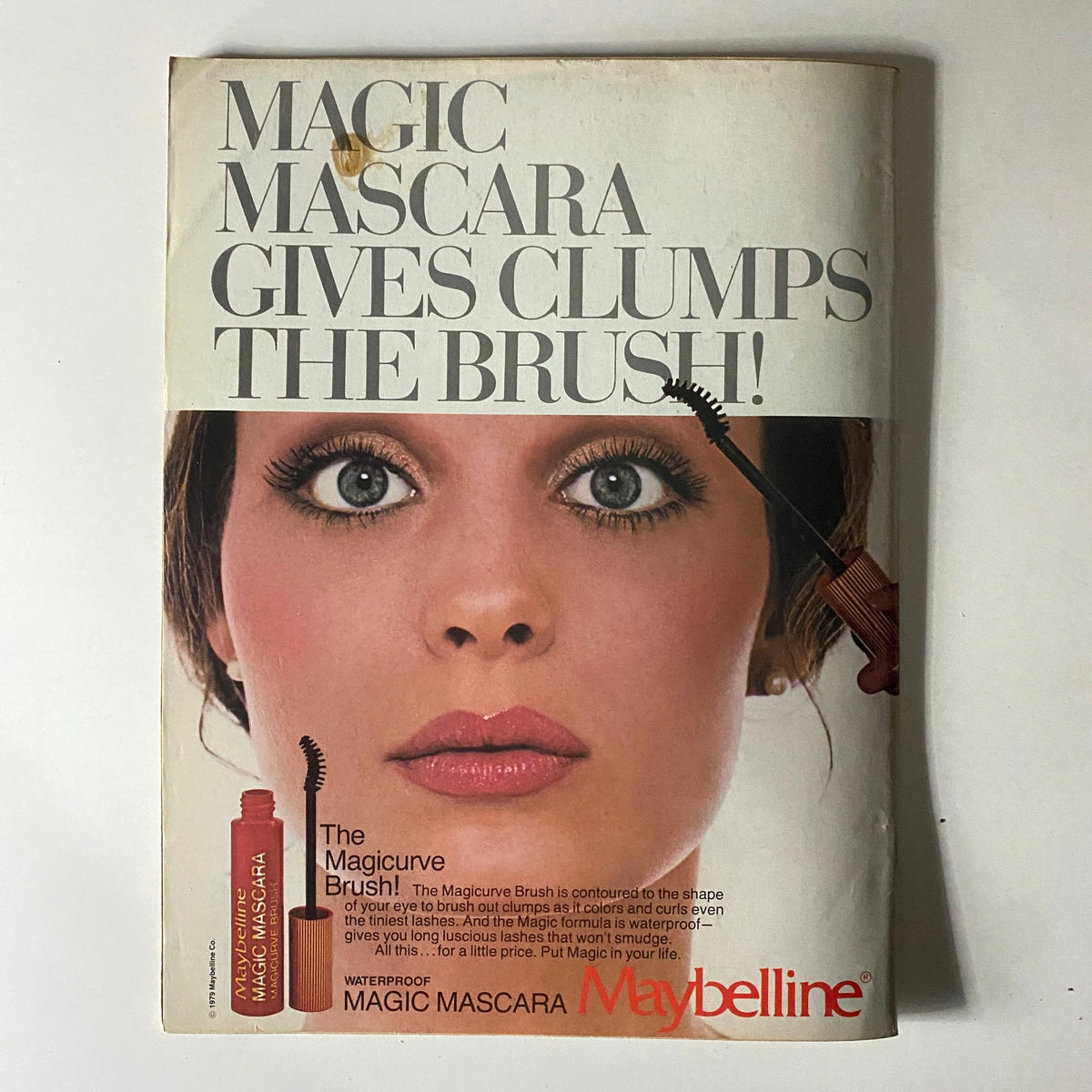 Ad for Maybelline Magic Mascara featured in 16 Magazine August 1980 showcasing mascara product and model.