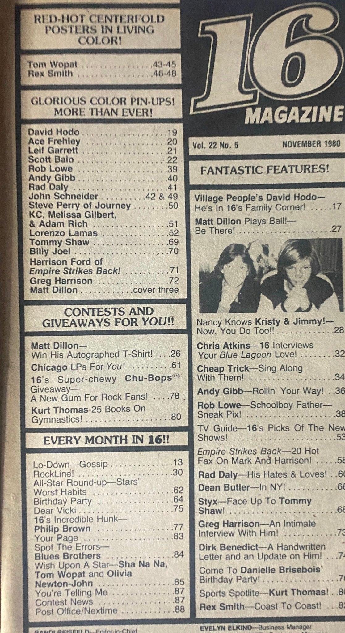 Table of contents from 16 Magazine, November 1980, listing popular stars and features including interviews and poster articles.