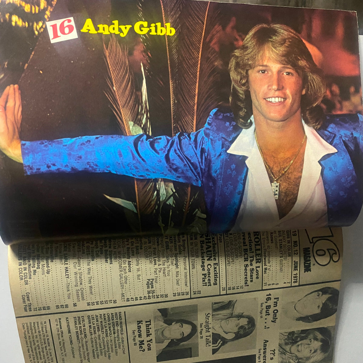 Page featuring Andy Gibb in a blue suit from 16 Magazine June 1978, showcasing the star's glamorous looks and personality.