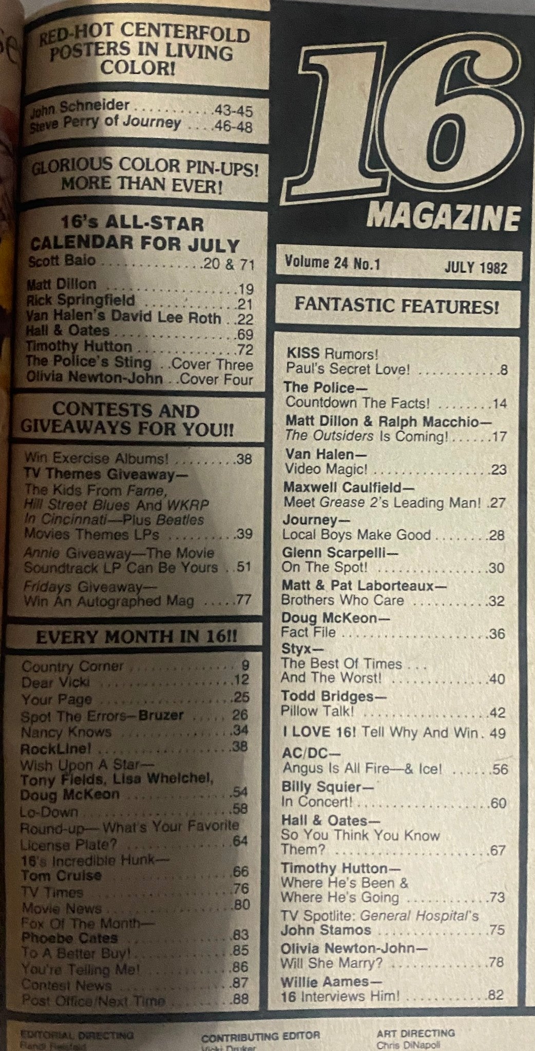 Contents page of the July 1982 issue of 16 Magazine showcasing articles and features about various stars, including Matt Dillon and Olivia Newton-John.