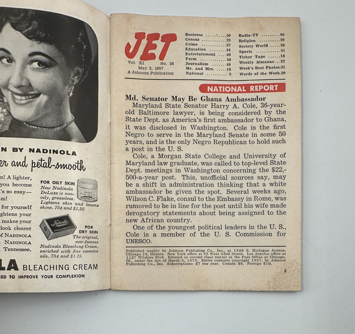 Inside page of Jet Magazine May 2, 1957, highlighting a National Report about Senator Harry A. Cole, the first Negro to serve as Ambassador and significant political updates.