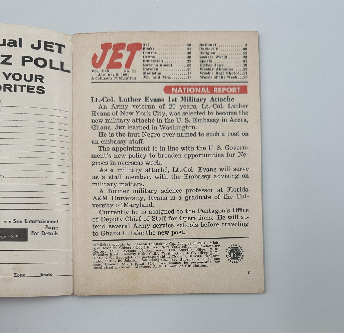 Inside page of Jet Magazine January 5, 1961 highlighting a national report on Lt.-Col. Luther Evans, listing significant events and military appointments in the context of U.S. Army history.