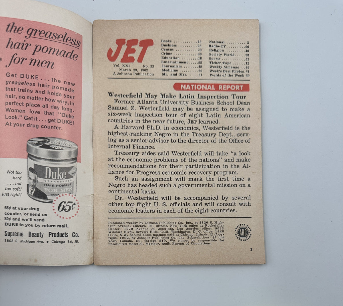 Interior page of Jet Magazine from March 29, 1962, featuring an article about Samuel W. Z. Westerfield. The magazine discusses educational and economic progress for Latin American countries, part of the issues covered in this historical publication.