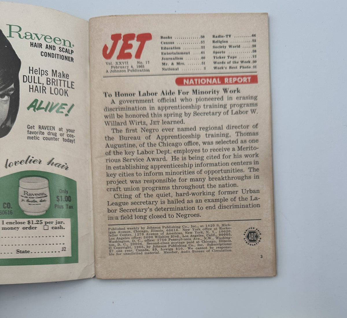 Interior page of Jet Magazine February 4, 1965, focusing on a national report to honor labor aide for minority work, highlighting the importance of apprenticeship programs.