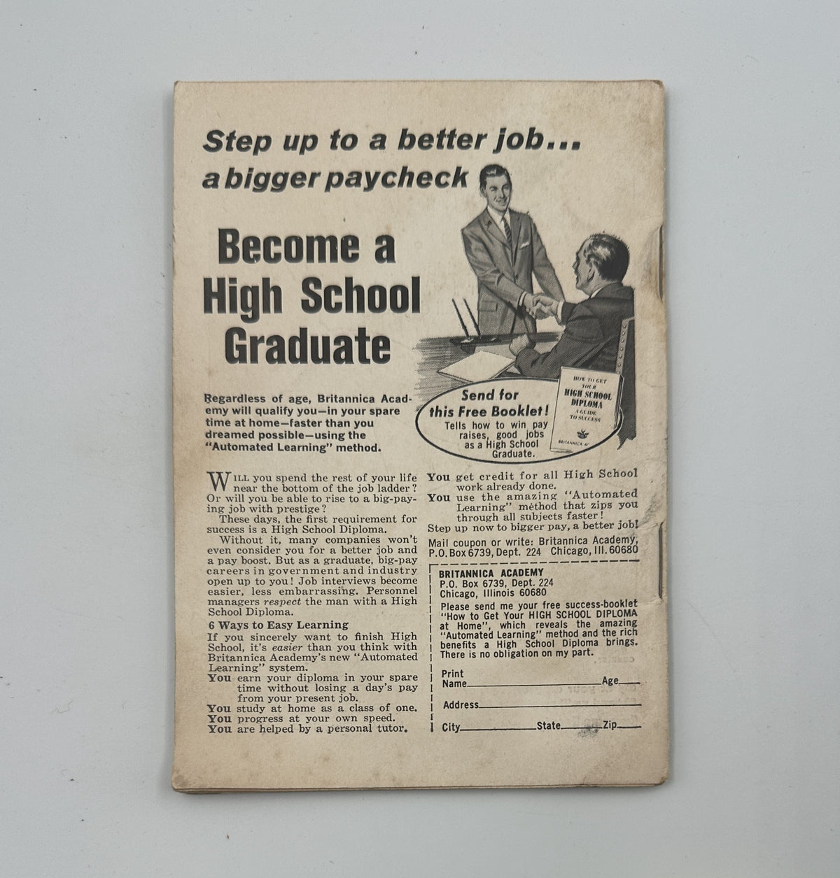Back cover of Jet Magazine February 4, 1965, promoting a program to help individuals become high school graduates and improve their job prospects.