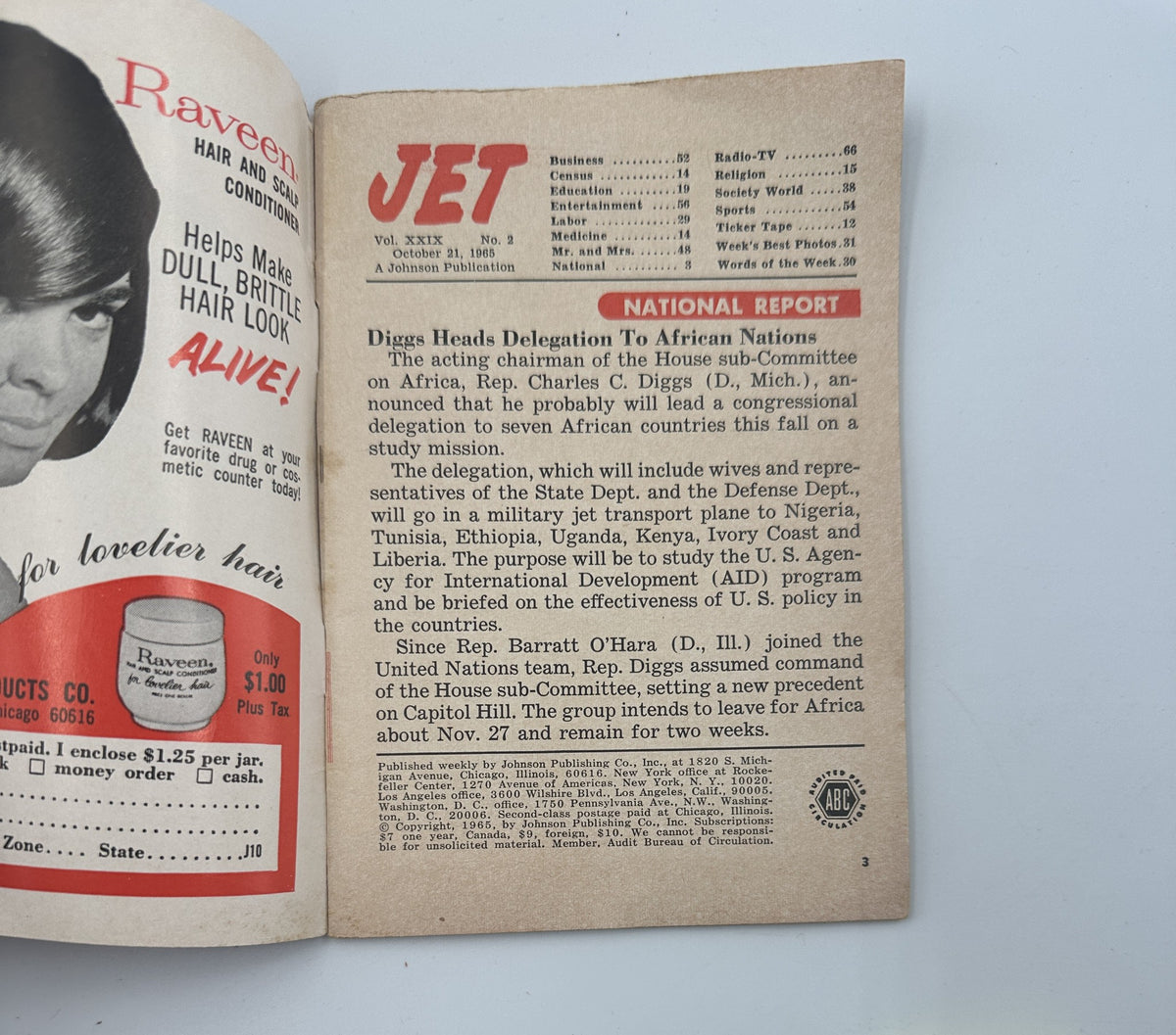 Inside page of Jet Magazine October 21, 1965 detailing a national report about Digges heading a delegation to African nations.