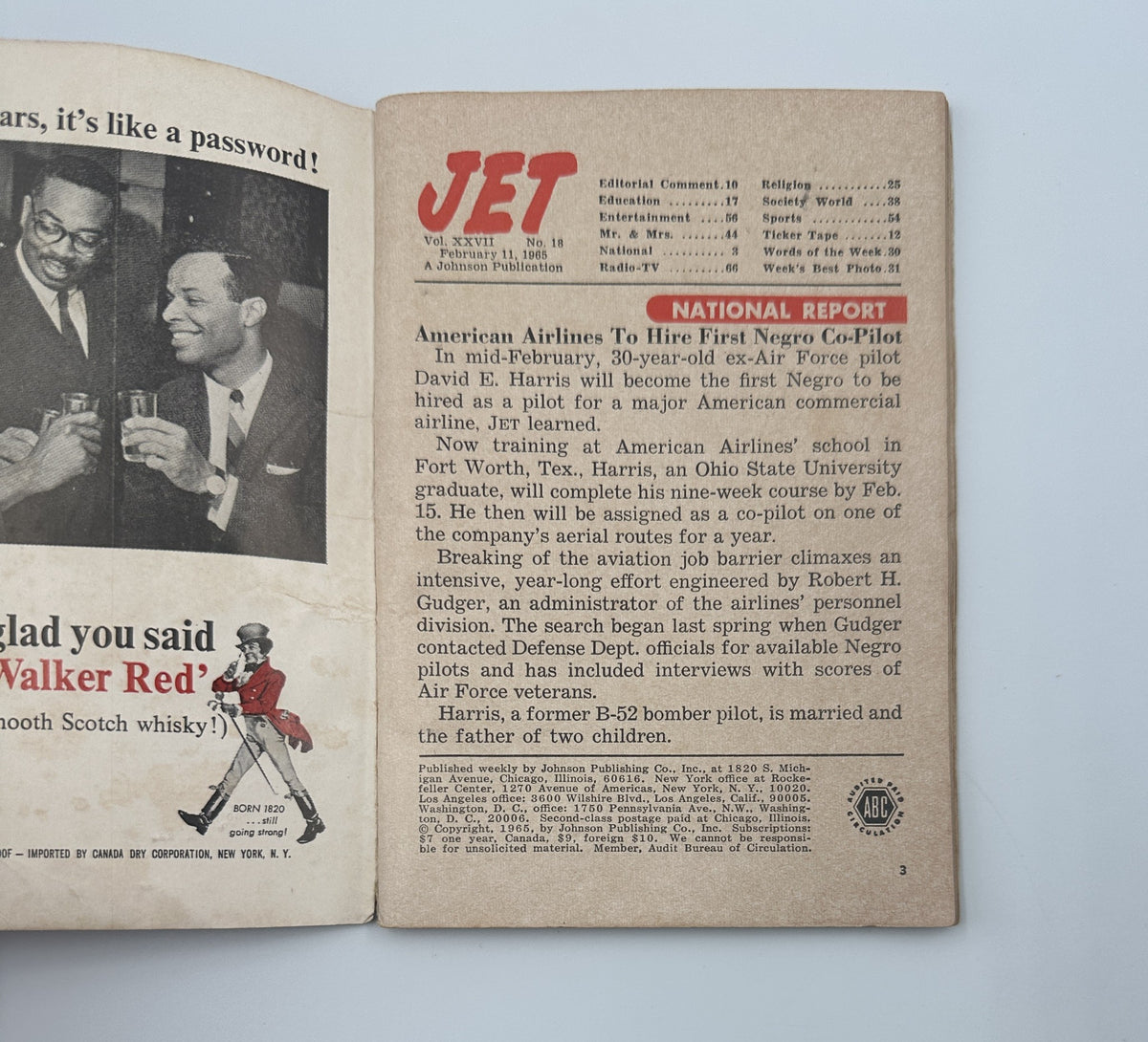 Inside page of Jet Magazine from February 11, 1965, displaying an editorial section and an article about American Airlines hiring its first African American co-pilot, David E. Harris.