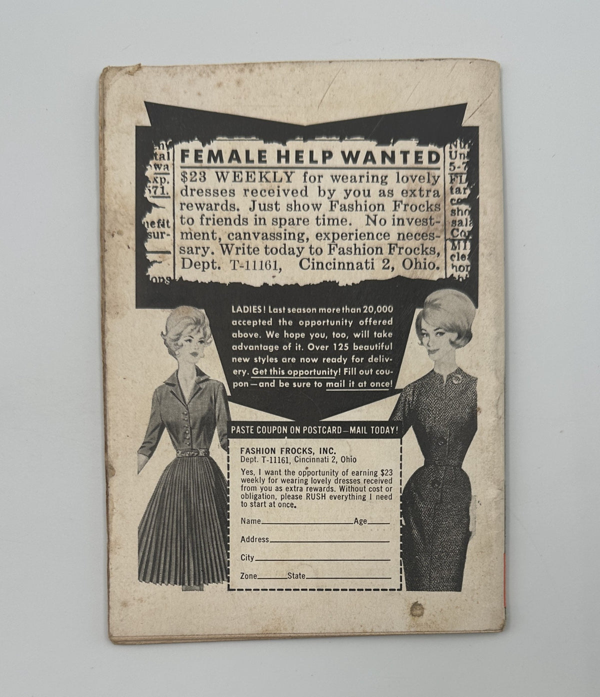 Back cover of Jet Magazine January 28, 1965, featuring an advertisement for job opportunities for women through Fashion Frocks.