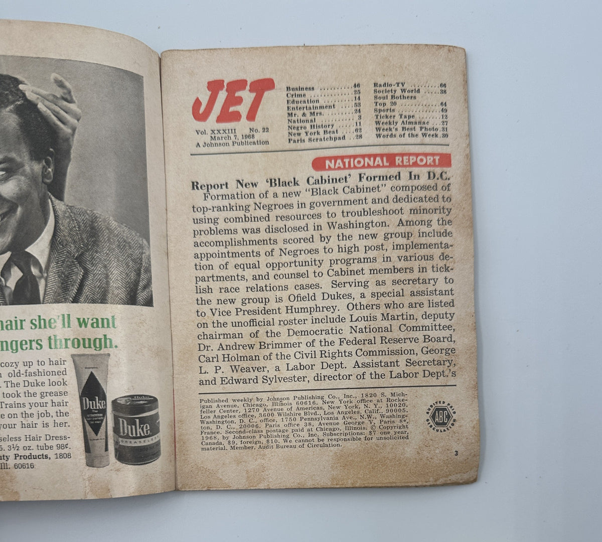 Inside page of Jet Magazine March 7, 1968, detailing the report on the new 'Black Cabinet' formed in D.C. Includes information on appointments and notable members involved in government and civil rights.