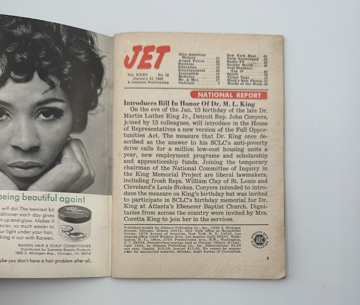 Inside page of Jet Magazine, January 23, 1969 featuring an article about Dr. Martin Luther King Jr. and the introduction of a bill in his honor, along with references to the significant impact of his work.