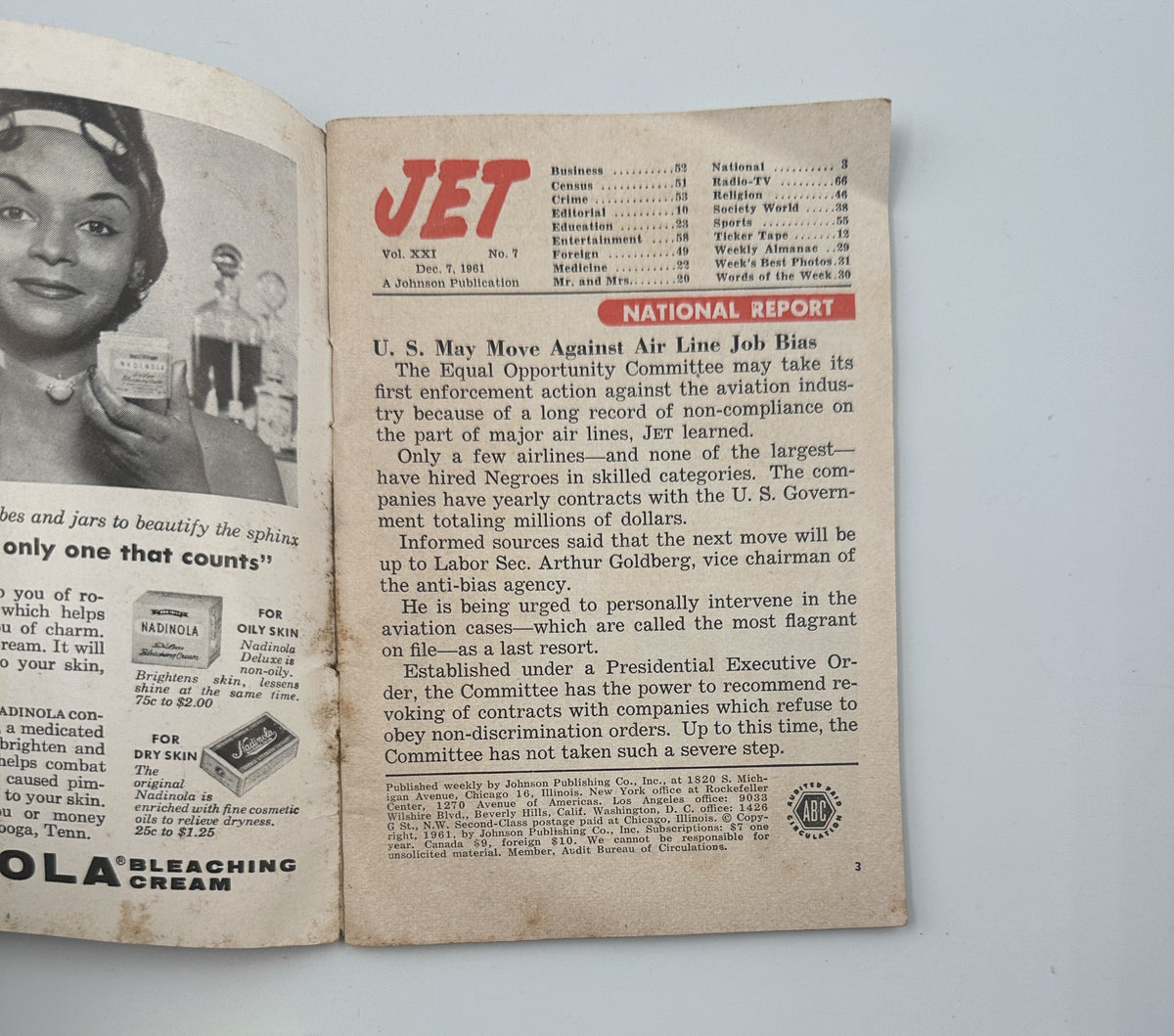 Inside page of Jet Magazine from December 7, 1961 discussing the Equal Opportunity Committee's actions against airline job bias.