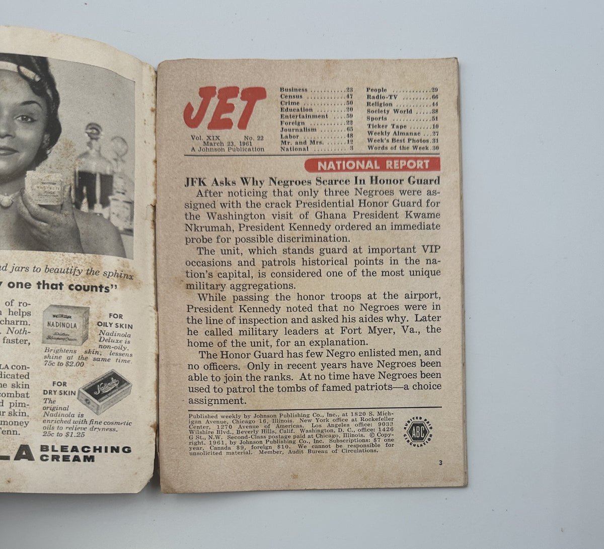 Interior page of Jet Magazine March 23, 1961, highlighting the contents and articles, including a report on racial representation in the military, providing insight into social issues of the time.