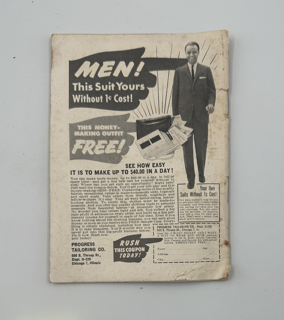 Back cover of Jet Magazine, March 23, 1961, featuring a promotional advertisement for men's suits with a money-making theme, highlighting a 'free' offer related to tailoring services. This cover emphasizes the title, 'Jet Magazine March 23, 1961 Cecelia Lancaster U.S. Money Guards Cover.'