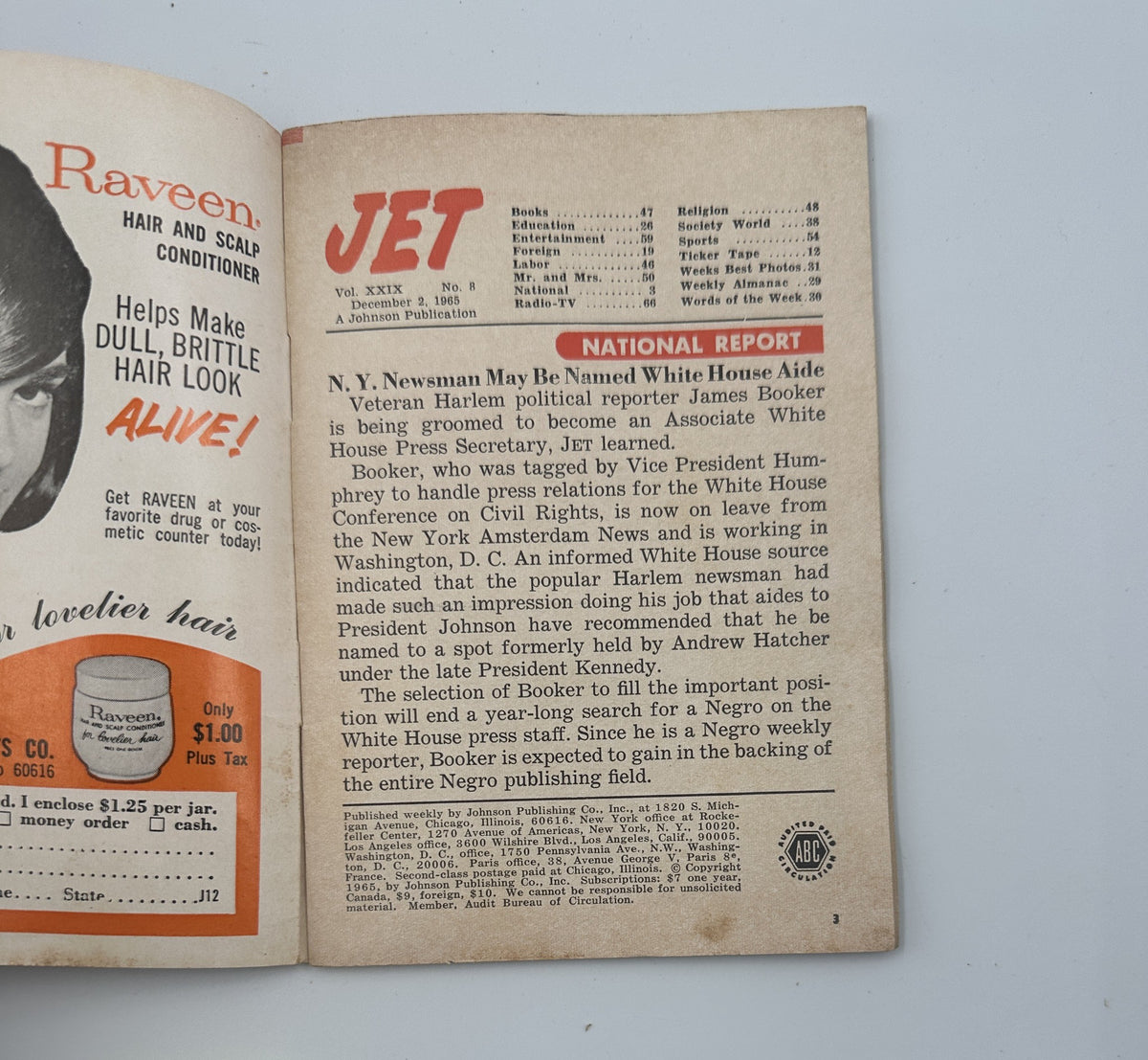 Interior page from Jet Magazine December 2, 1965, discussing national news, featuring an article about James Booker and his connection to the White House.