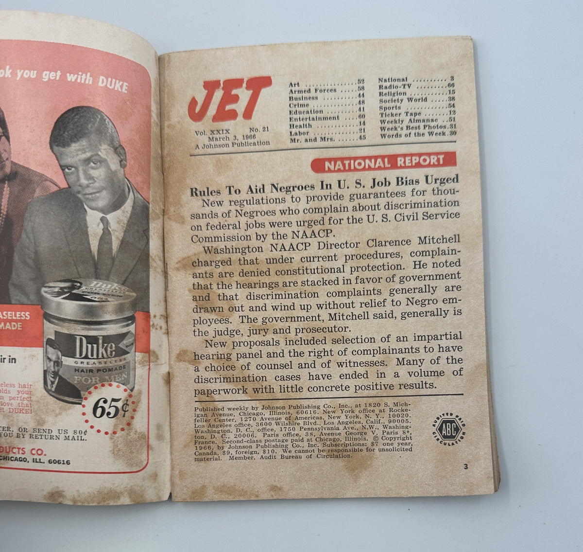 Interior page of Jet Magazine March 3, 1966 discussing rules to aid Negroes in U.S. job bias, featured in the National Section with images and text.