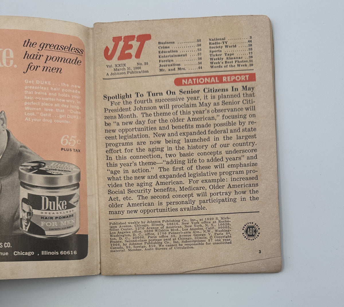 Inside page of Jet Magazine March 31, 1966, discussing senior citizens and programs introduced by President Johnson. The page reflects on community engagement and voting issues, providing insight into the magazine's focus on social issues of the time.