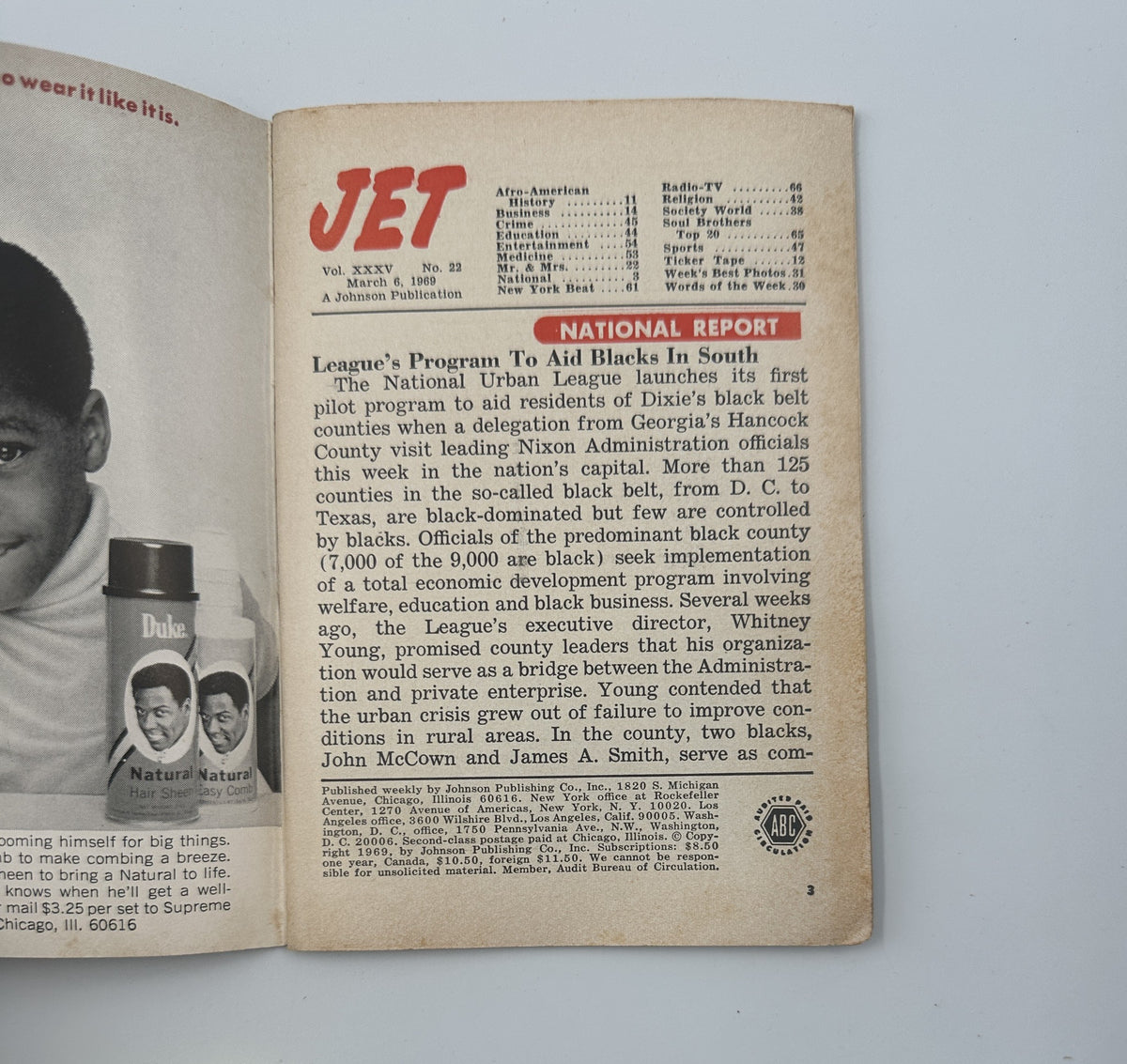 Inside page of Jet Magazine March 6, 1969 detailing the National Urban League's effort to aid blacks in the South.
