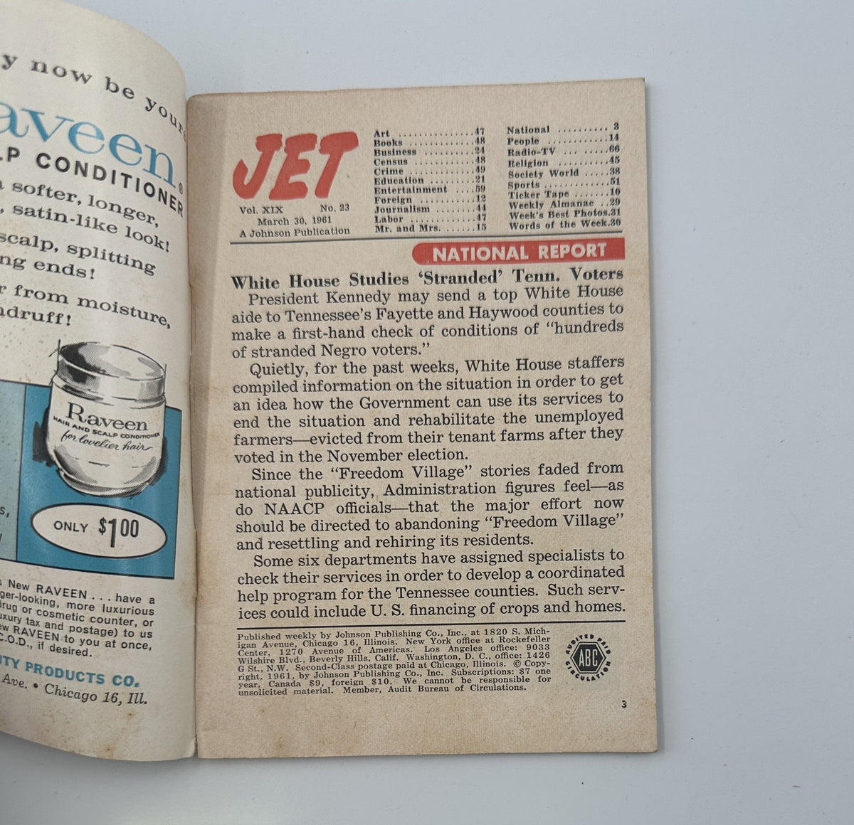 Jet Magazine March 30, 1961 featuring an article on White House studies regarding Tennessee voters, highlighting issues faced by disenfranchised Negro voters.