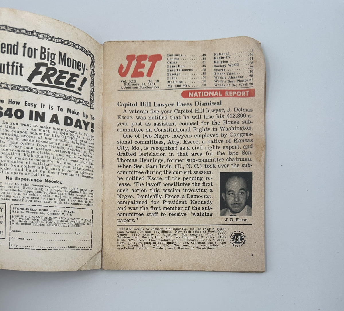 Inside page of Jet Magazine from February 23, 1961 reporting on Capitol Hill lawyer J. Delmas Eacoe's dismissal and discussing lawmaking careers, reinforcing the magazine's focus on current events and social issues.
