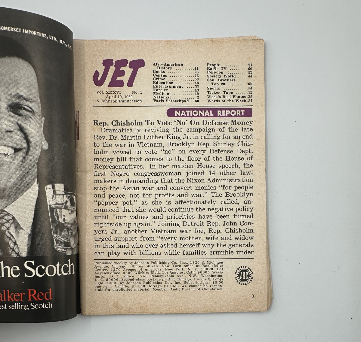 Inside page of Jet Magazine April 10, 1969 showing a National Report highlighting Rep. Chisholm's call to vote 'No' on defense spending, related to Martin Luther King Jr.'s stance.