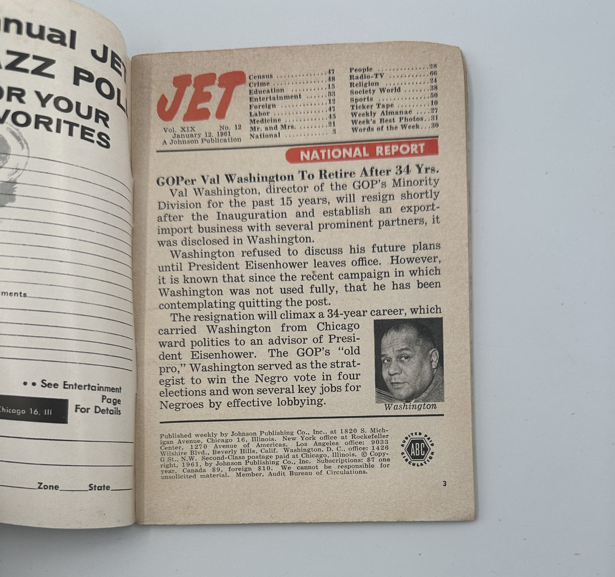 Inside page of Jet Magazine, January 12, 1961, reporting on GOPer Val Washington's retirement after 34 years in the minority division.