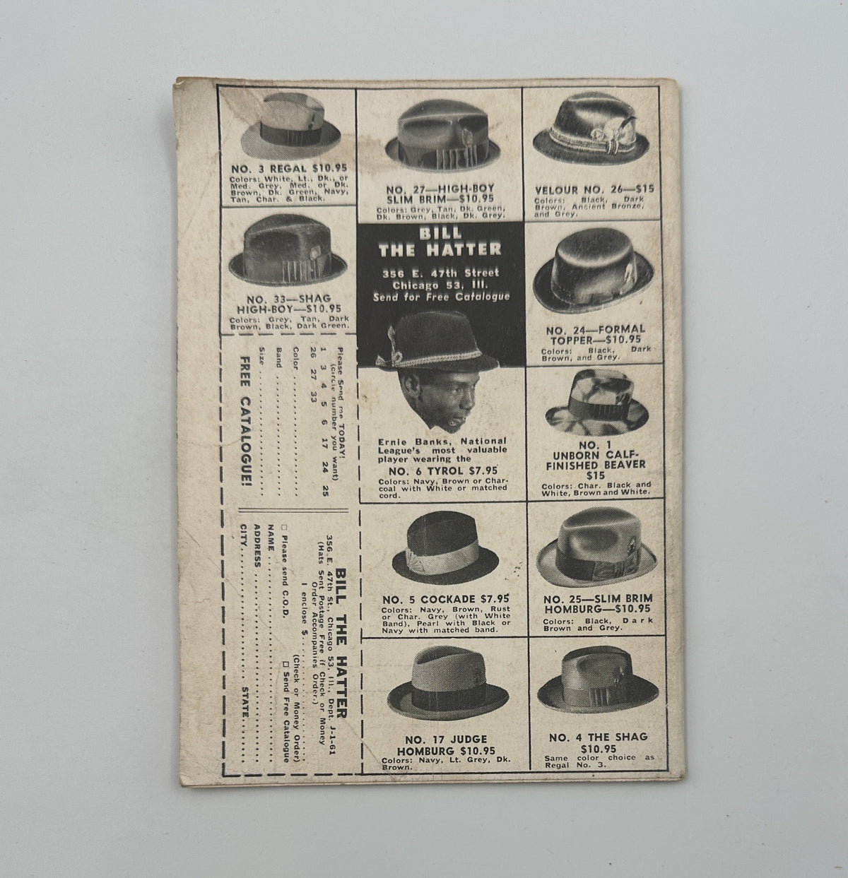 Vintage advertisement for hats from Bill the Hatter featured in Jet Magazine January 12, 1961, showcasing various styles including formal and casual hats.