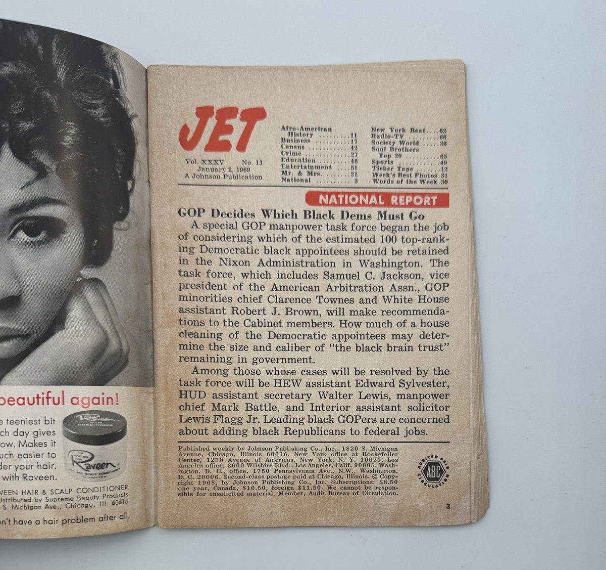 Inside page of Jet Magazine January 2, 1969, listing the Table of Contents, highlighting topics like Afro-American History and National Report.