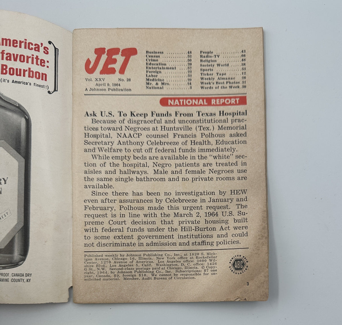 Inside page of Jet Magazine April 9, 1964, discussing funding issues for Texas hospital and related civil rights topics.