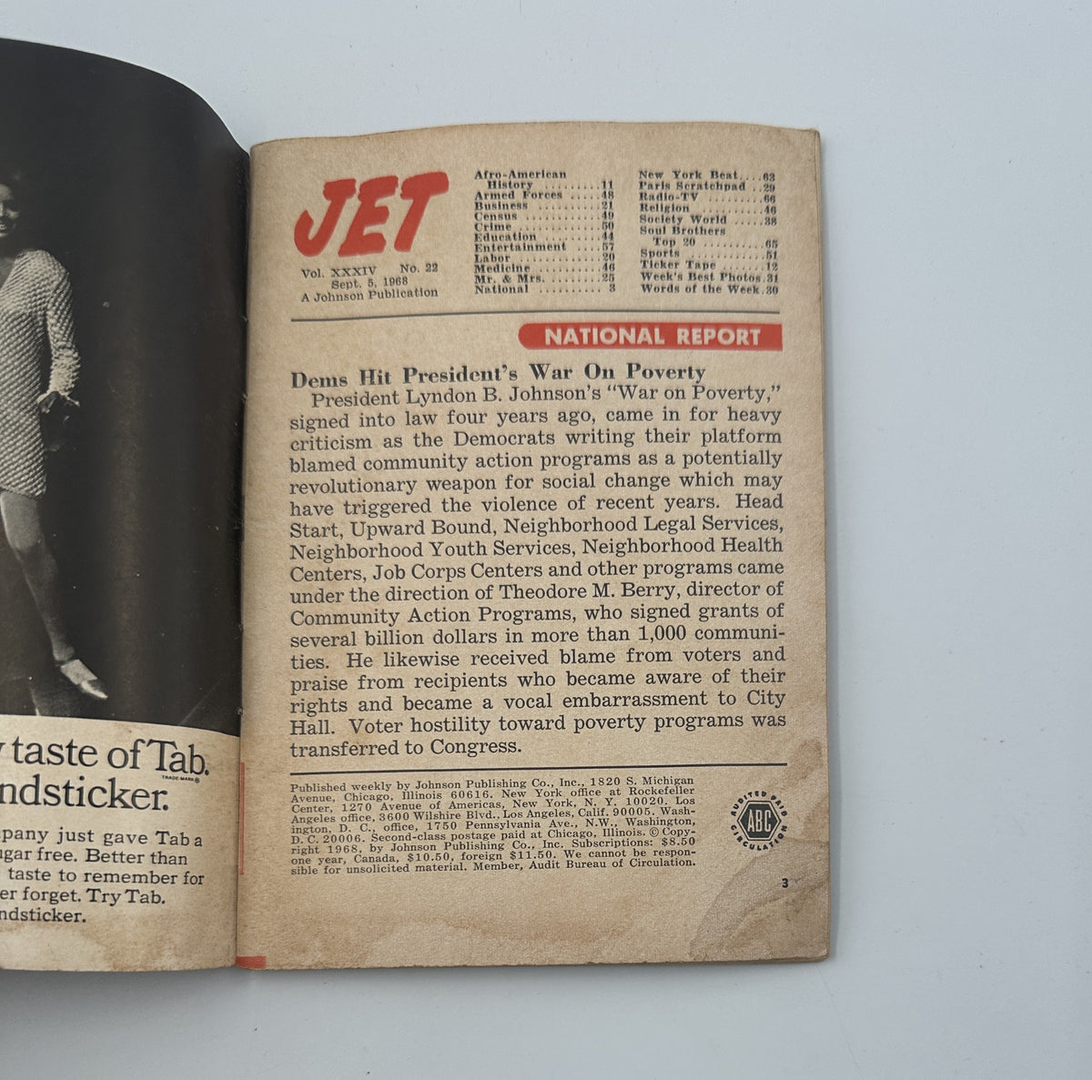 Inside page of Jet Magazine from September 5, 1968, detailing the National Report on President Lyndon B. Johnson's War on Poverty initiatives. Includes information on community programs and their impacts.