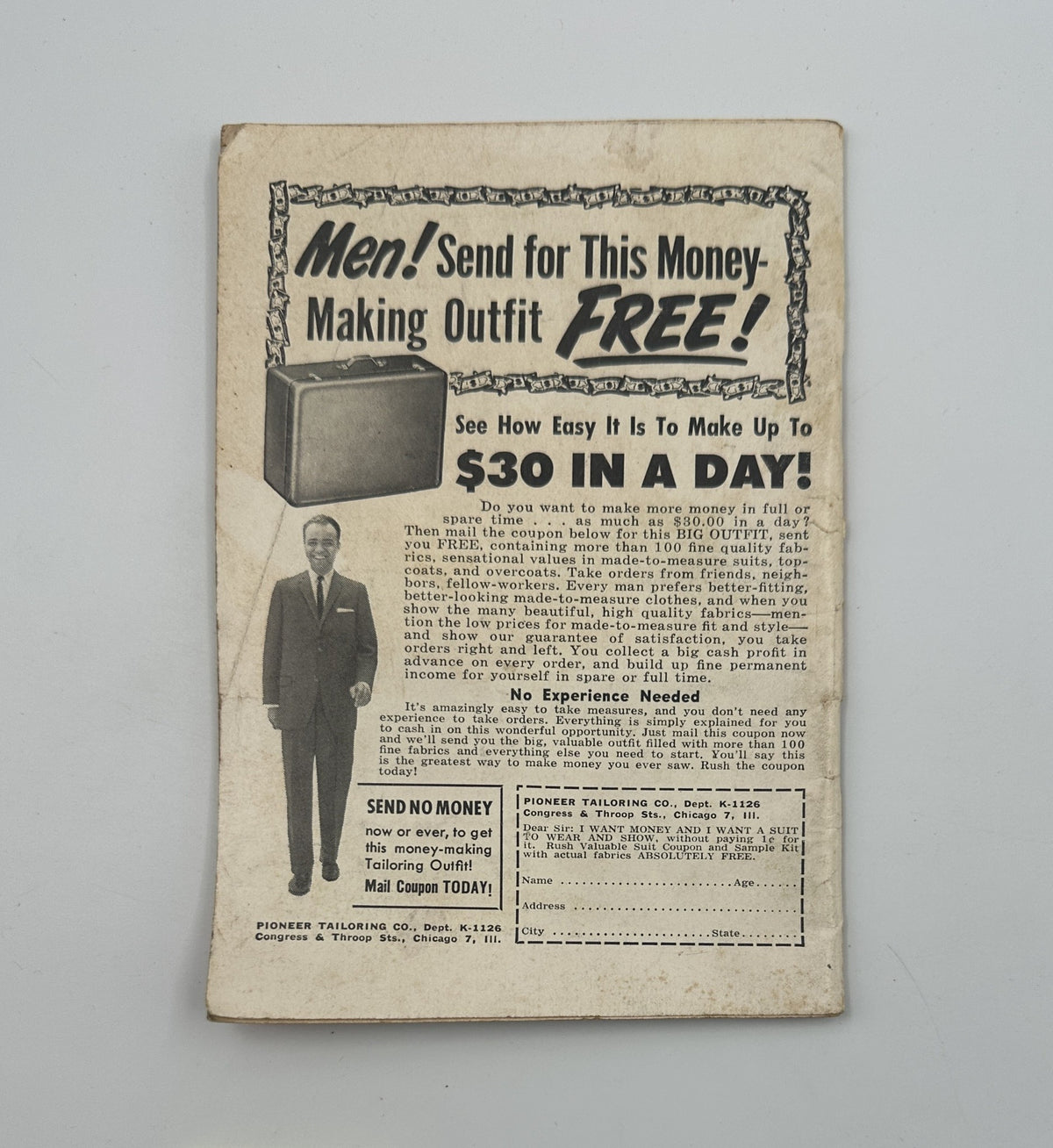 Back cover of Jet Magazine September 22, 1960 featuring an advertisement for a money-making outfit. The ad promotes earning $30 a day with no experience needed, highlighting a business opportunity. The magazine is in acceptable condition with visible wear and is part of a historical collection.