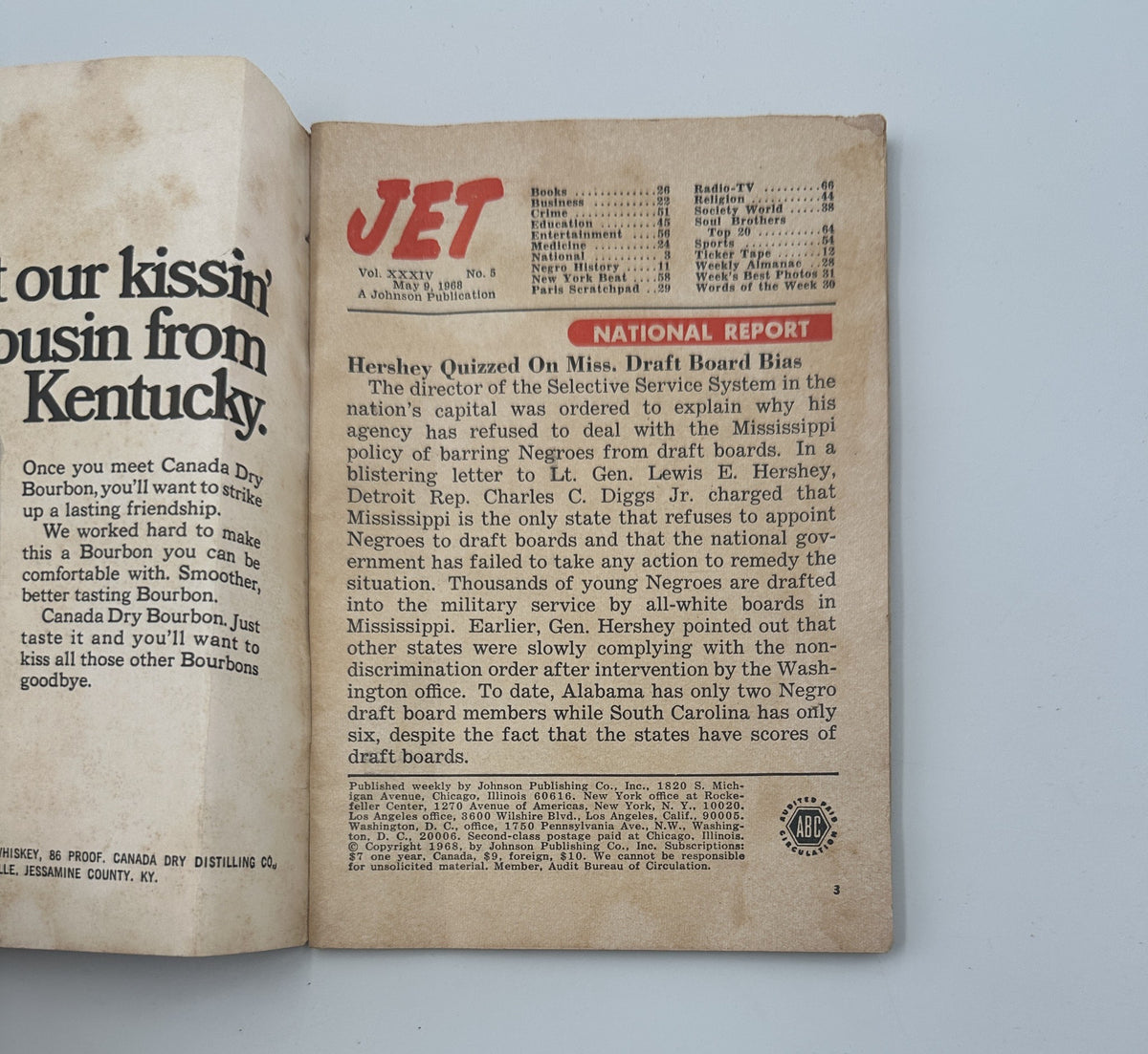 Interior page of Jet Magazine from May 9, 1968 featuring an article titled 'National Report'. The page discusses draft board issues related to the Selective Service System in Mississippi and includes details about testimonies from military officials.