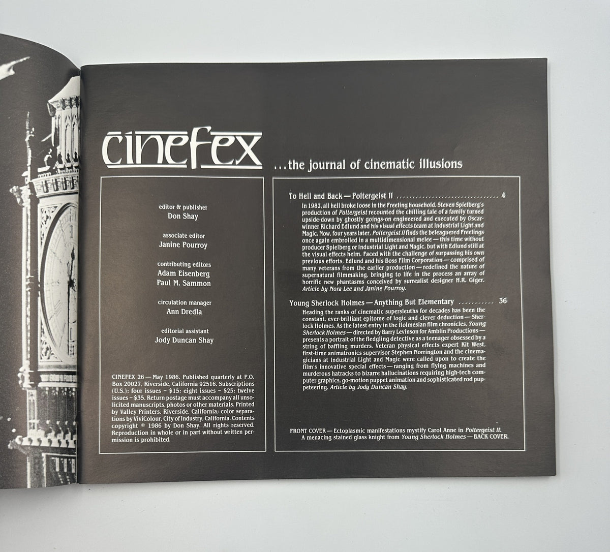 Inside page of Cinefex Magazine May 1986 No. 26 detailing articles on Poltergeist II and Young Sherlock Holmes, with article titles and their corresponding page numbers.