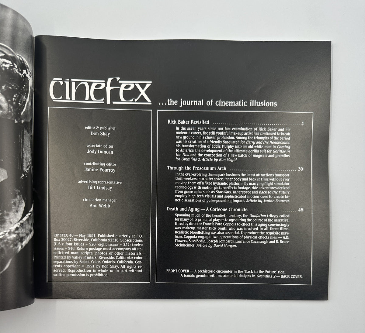 Interior page of Cinefex Magazine May 1991 No. 46 displaying contents including articles on Rick Baker and cinematic illusions.