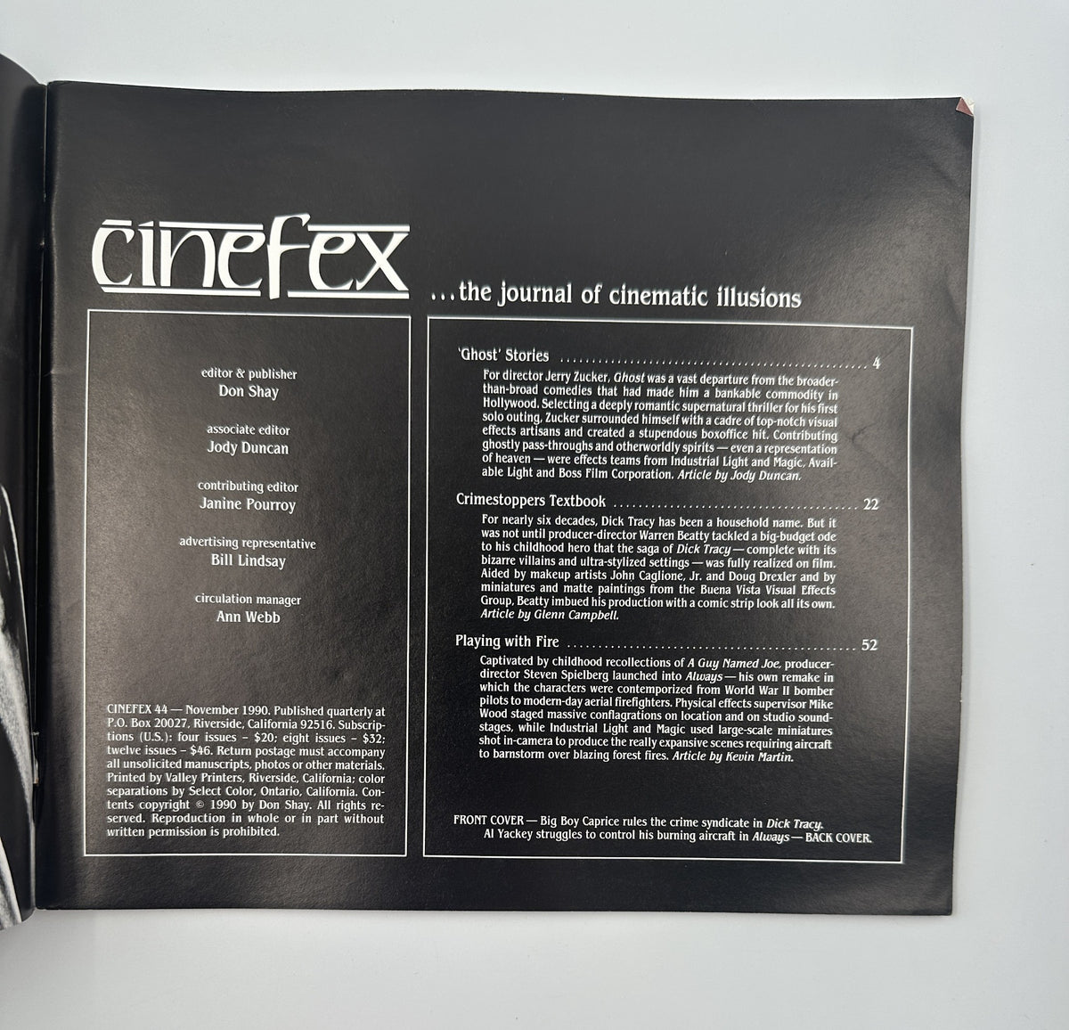 Cinefex Magazine November 1990 No. 44 interior page showcasing the journal's title and contents, including articles on 'Ghost,' 'Crimestoppers Textbook,' and 'Playing with Fire.'