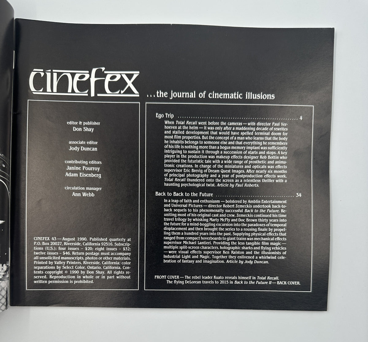 Cinefex Magazine August 1990 No. 43 showcasing the journal's cover featuring articles on Total Recall and Back to the Future II in very good condition.