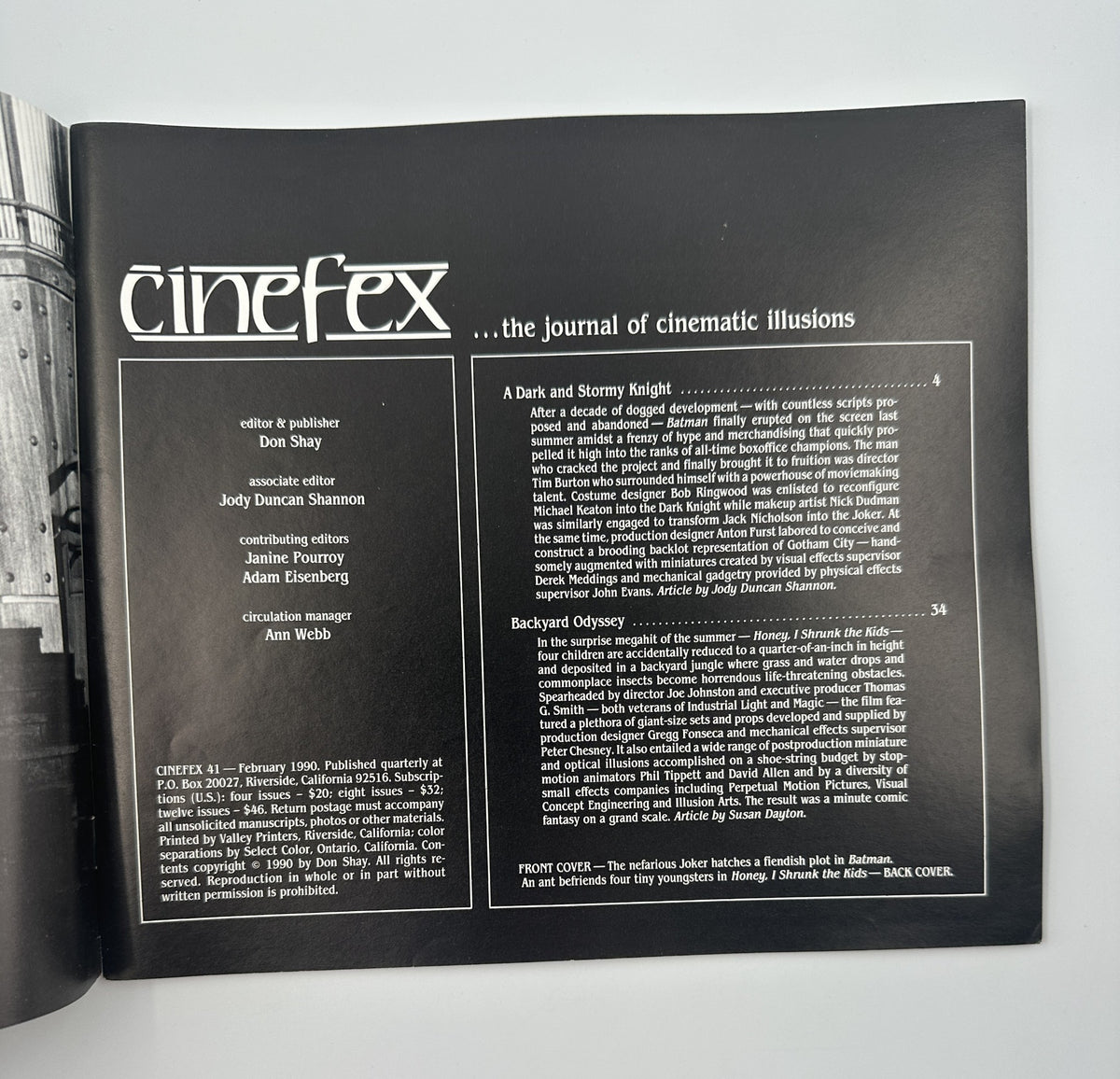 Cinefex Magazine February 1990 No. 41 interior page highlighting the Table of Contents for the magazine, including articles on Batman and Honey, I Shrunk the Kids.