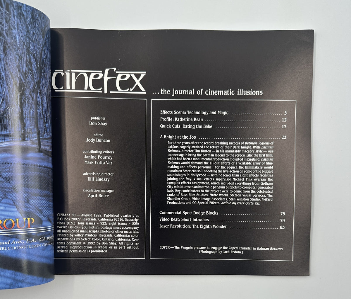 Interior page of Cinefex Magazine August 1992 No. 51 featuring the Table of Contents listing articles related to Batman Returns and its special effects.