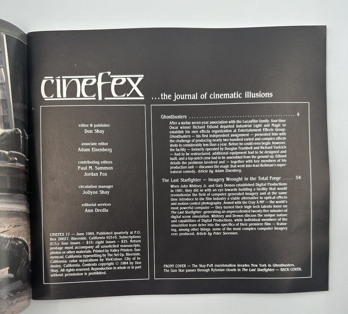Cinefex Magazine June 1984 No. 17 interior page listing articles about Ghostbusters and The Last Starfighter, emphasizing its role as a journal of cinematic illusions.