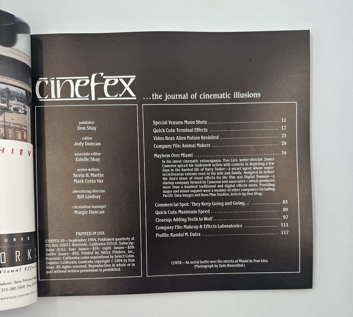 Inside page of Cinefex Magazine September 1994 No. 59 displaying the table of contents including features on visual effects for True Lies.