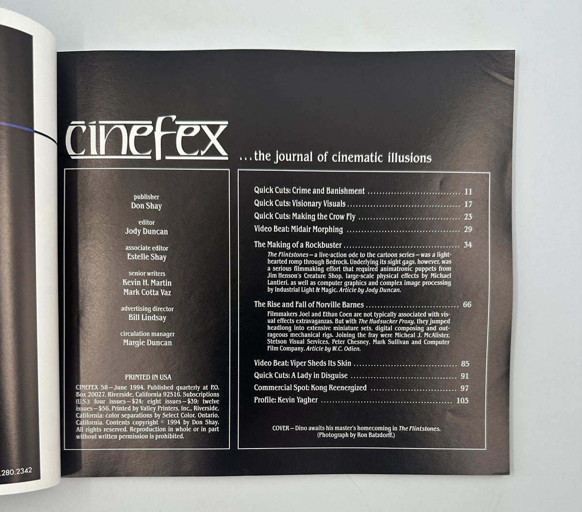 Cinefex Magazine June 1994 No. 58, an interior page displaying the Table of Contents with featured articles on The Flintstones and The Hudsucker Proxy.