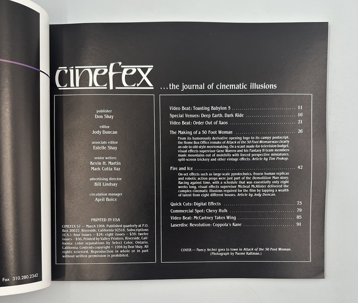 Interior page of Cinefex Magazine No. 57 displaying the Table of Contents, including featured articles such as 'The Making of a 50 Foot Woman' and 'Video Beat: Toasting Babylon 5'.
