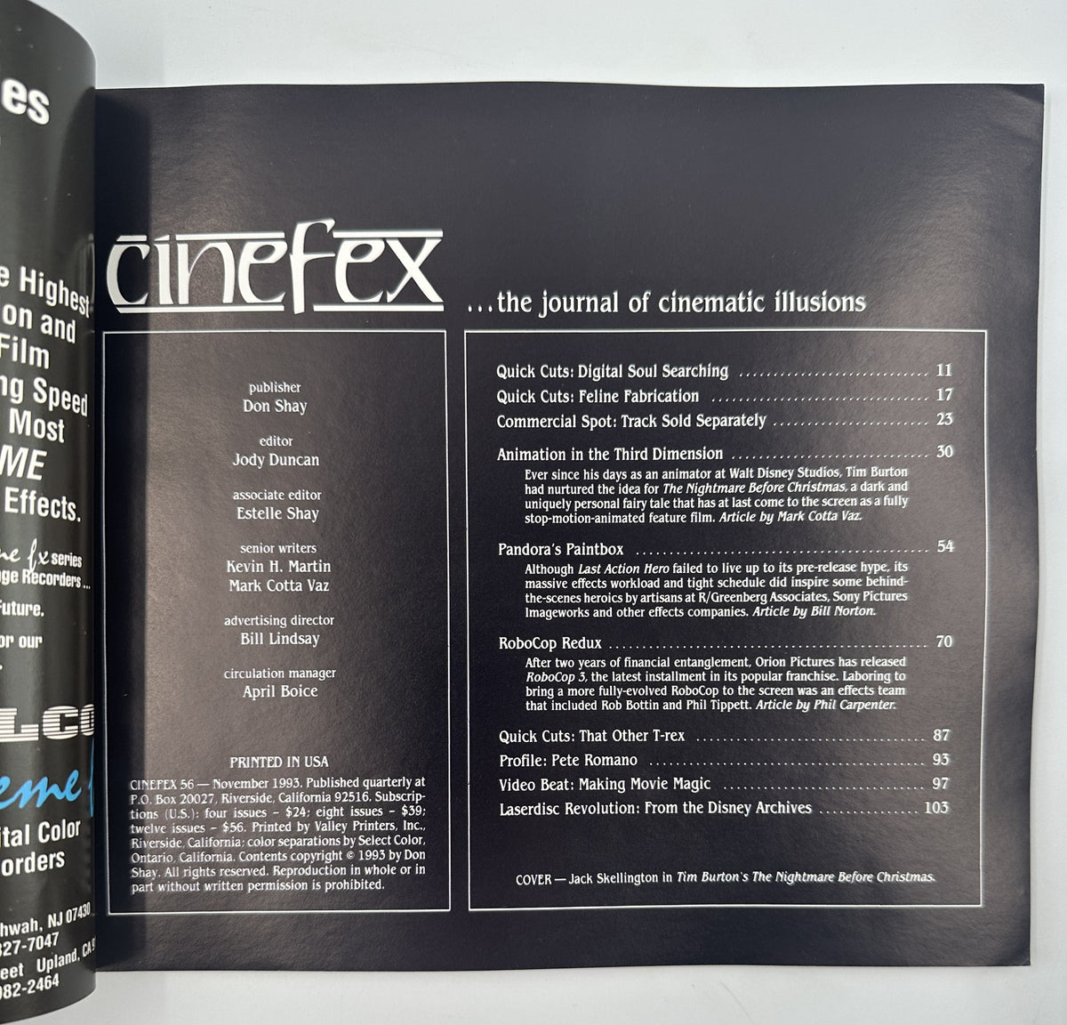 Cinefex Magazine November 1993 No. 56 featuring the Table of Contents, including articles like 'Animation in the Third Dimension' and 'Pandora’s Paintbox', showcasing Jack Skellington from Tim Burton's The Nightmare Before Christmas.