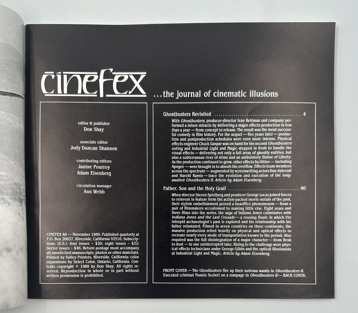 Table of contents page from Cinefex Magazine November 1989 No. 40 detailing articles on Ghostbusters II and Indiana Jones.