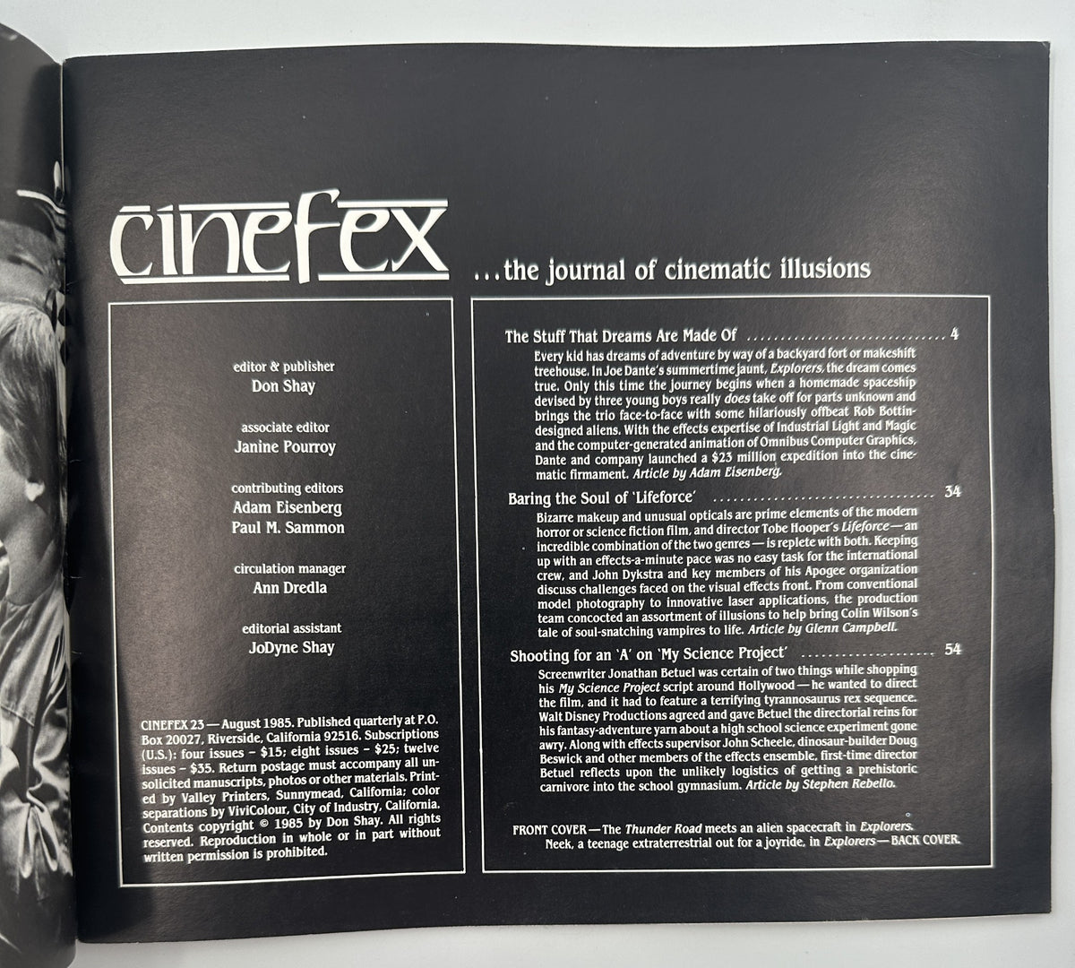 Cinefex Magazine August 1985 No. 23 contents page listing articles about Explorers, Lifeforce, and My Science Project.