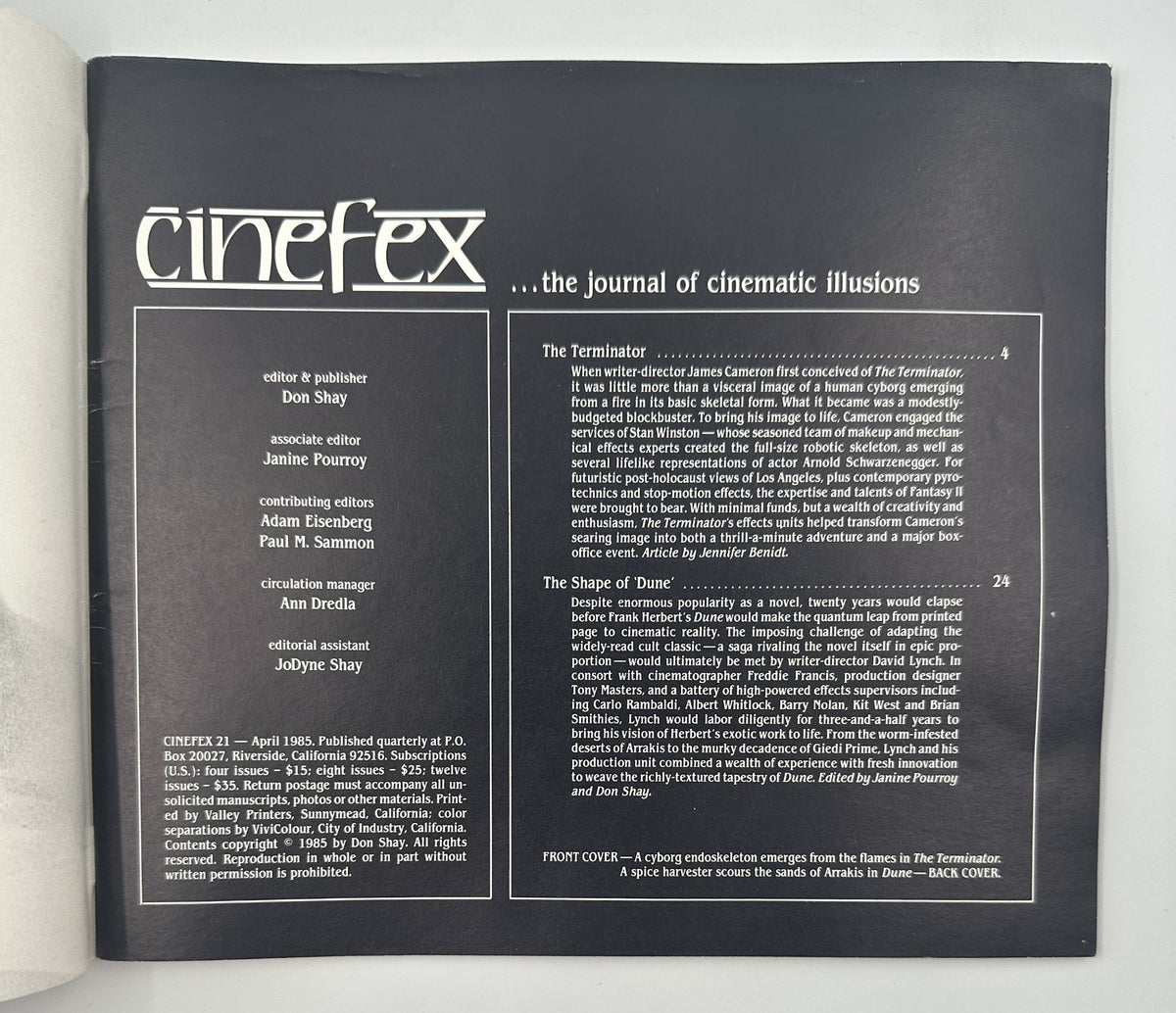 Cinefex Magazine April 1985 No. 21 interior page highlighting the content, including detailed articles on The Terminator and Dune, showcasing cinematic illusions.
