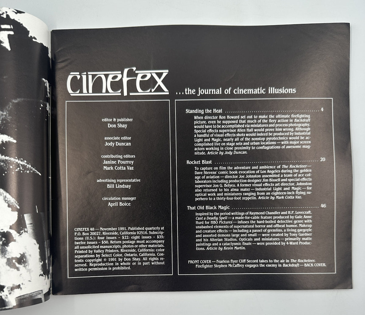 Cinefex Magazine November 1991 No. 48 interior page showcasing the table of contents for articles about Backdraft and The Rocketeer.