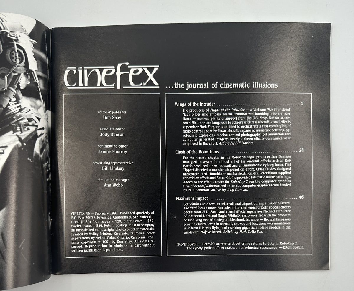 Inside page of Cinefex Magazine February 1991 No. 45 listing articles including 'Wings of the Intruder,' 'Clash of the Robotitans,' and 'Maximum Impact,' with contributions from notable writers.